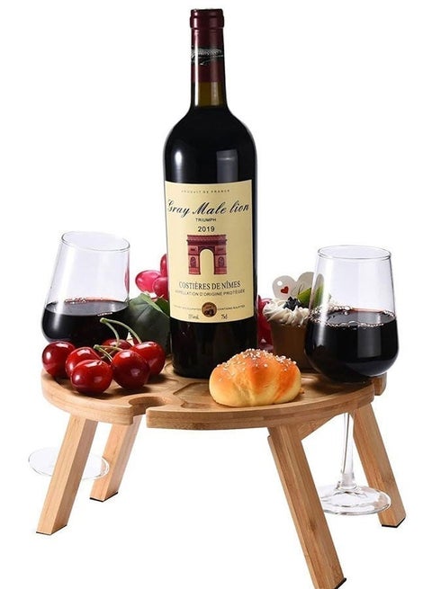 طاولة نزهة قابلة للطي مصنوعة من الخشب المحمول مع فاصل وحامل كؤوس النبيذ، صينية خفيفة للوجبات الخفيفة للاستخدام في الهواء الطلق، الشاطئ، التنزه، والديكور